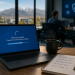 Office workspace with IT updates and city view
