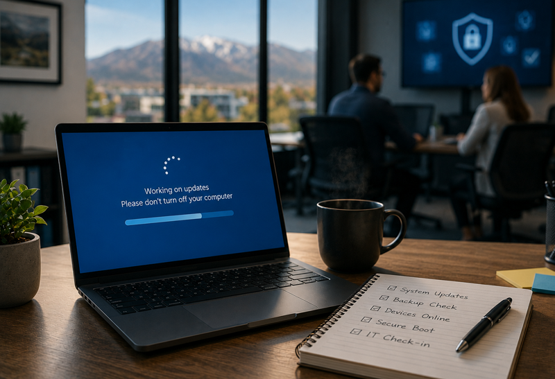 Office workspace with IT updates and city view